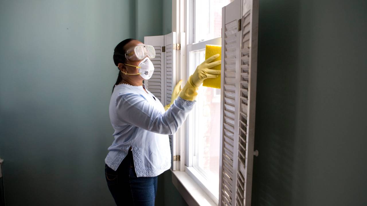 Lady cleaning a window.